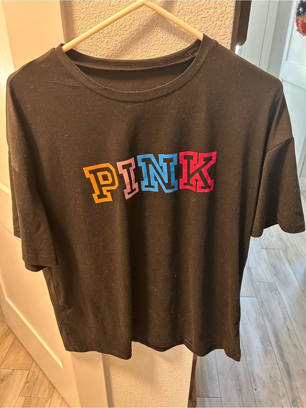 PINK Victoria's Secret Black Tee with Multicolor Block Letters